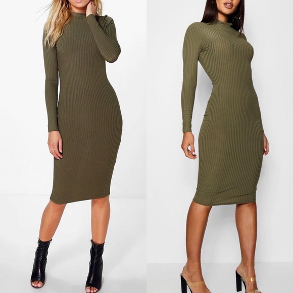 Boohoo Dresses & Skirts - Boohoo Olive green ribbed midi dress 💚